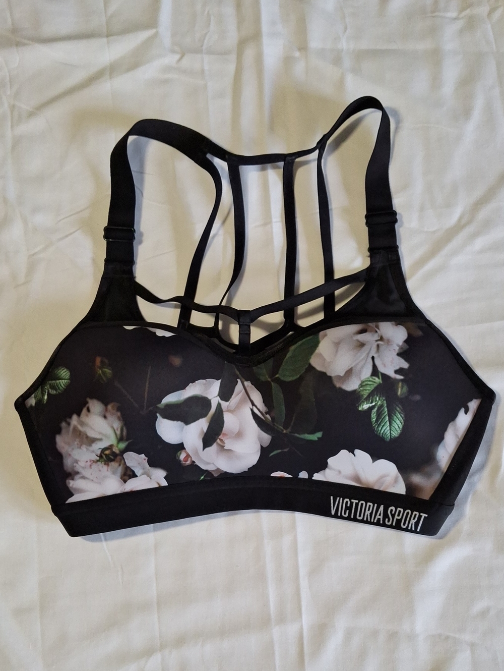 Victoria's Secret Floral Strappy Sports Bra in Black and White